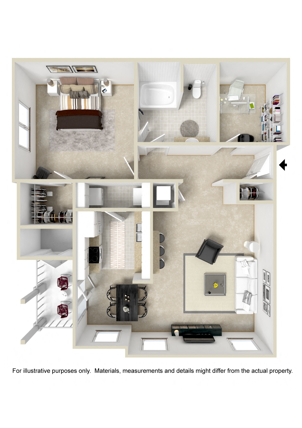 Floor plan for 1 bed, 1 bath, 892 sqft